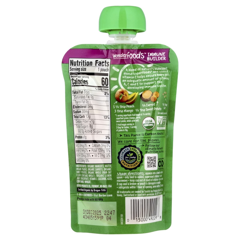 Gerber, Organic Mango, Peach, Carrot, Sweet Potato, Oatmeal, Toddler, 12+ Months, 3.5 oz (99 g)