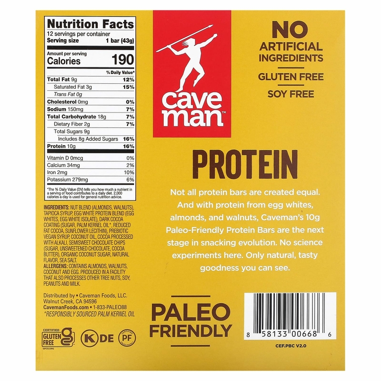 Caveman Foods, Протеиновый батончик, двойной темный шоколад, 12 батончиков, 43 г (1,52 унции)