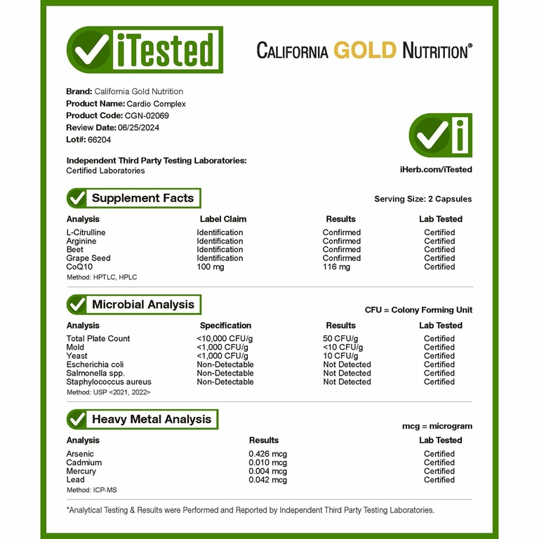 California Gold Nutrition, комплекс для здоровья сердца со смесью CardioAmino, смесью CardioPhyto и коэнзимом Q10, 180 растительных капсул