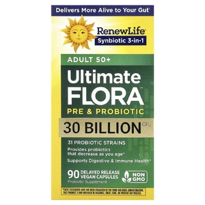 Renew Life, Ultimate Flora™ Pre и пробиотик, взрослые 50+, 90 веганских капсул с отсроченным высвобождением