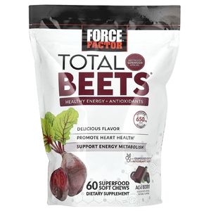 Force Factor, Total Beets, здоровый источник энергии и антиоксидантов, свекла и ягоды асаи, 325 мг, 60 жевательных таблеток
