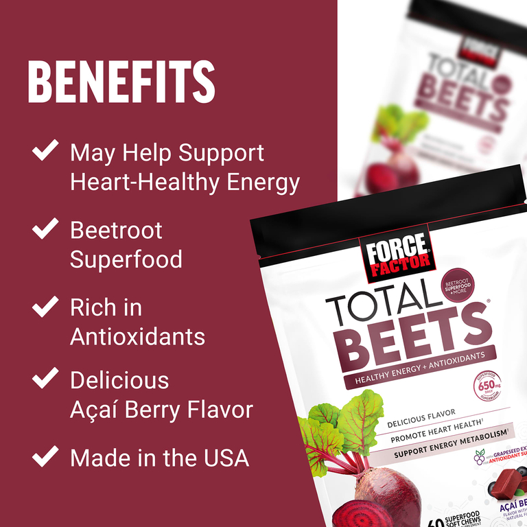 Force Factor, Total Beets, здоровый источник энергии и антиоксидантов, свекла и ягоды асаи, 325 мг, 60 жевательных таблеток