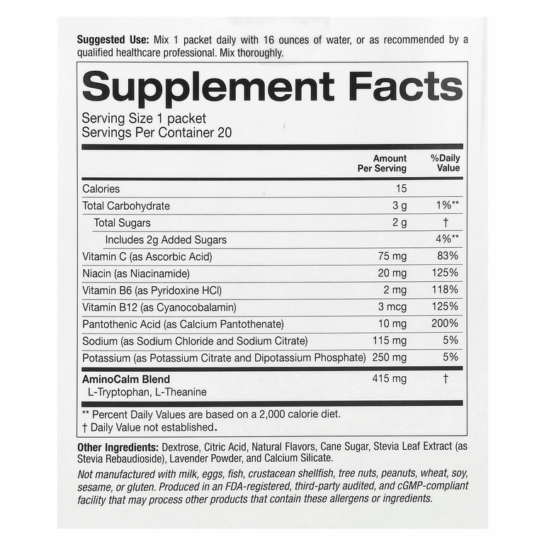 Lake Avenue Nutrition, Calm, успокаивающая порошковая смесь для приготовления напитков с калием и смесью AminoCalm, L-триптофаном и L-теанином, голубика и лаванда, 20 пакетиков по 5,5 г (0,19 унции)