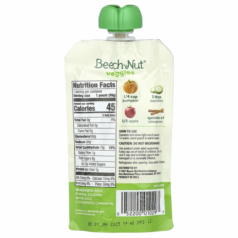 Beech-Nut, Veggies, от 6 месяцев, тыква, цуккини и яблоко, 12 пакетиков, 99 г (3,5 унции) (Товар снят с продажи) 