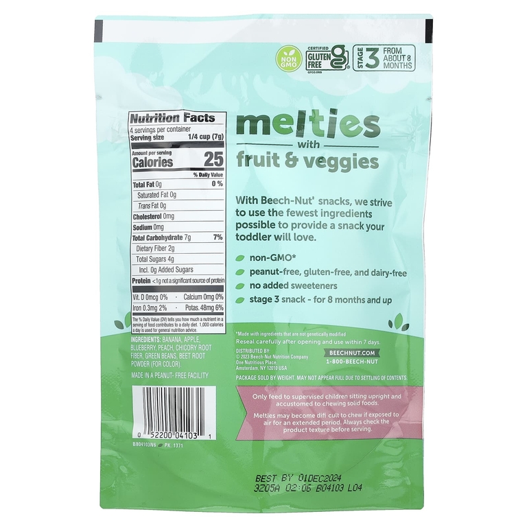 Beech-Nut, Melties с фруктами и овощами, от 8 месяцев, банан, голубика и зеленая фасоль, 28 г (1 унция)