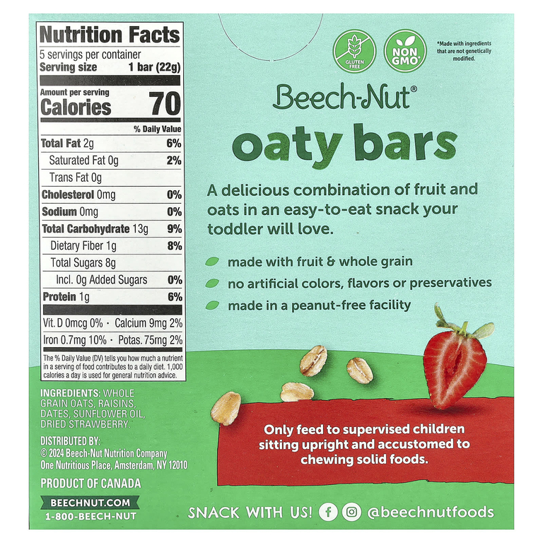 Beech-Nut, Naturals, Fruity Oat Bars, овсяные батончики с фруктами, для детей от 12 месяцев, клубника, 5 батончиков по 22 г (0,78 унции)