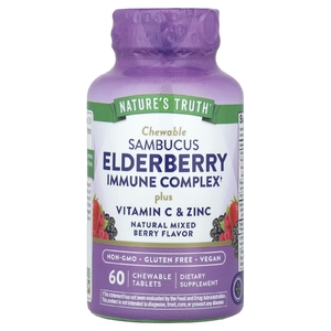 Nature's Truth, Иммунный комплекс Sambucus Black Elderberry, плюс витамин C и цинк, натуральная смесь ягод, 60 жевательных таблеток