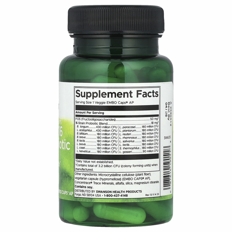 Swanson, Ultimate 16 Strain Probiotic, пробиотик из 16 штаммов с ФОС, 3,2 млрд КОЕ, 60 вегетарианских капсул EMBO Caps AP