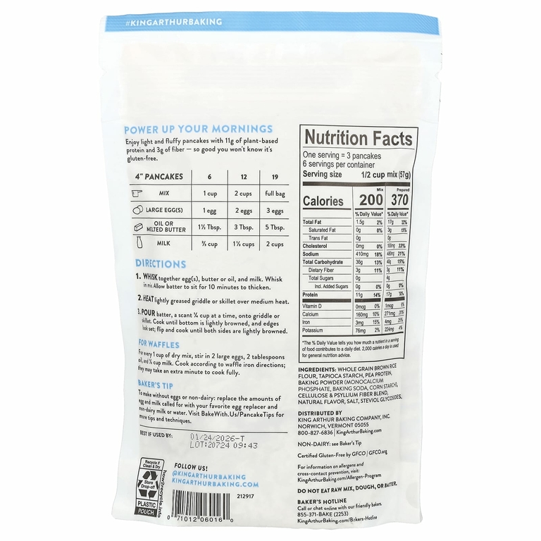 King Arthur Baking Company, Безглютеновая протеиновая смесь для блинов, 340 г (12 унций)