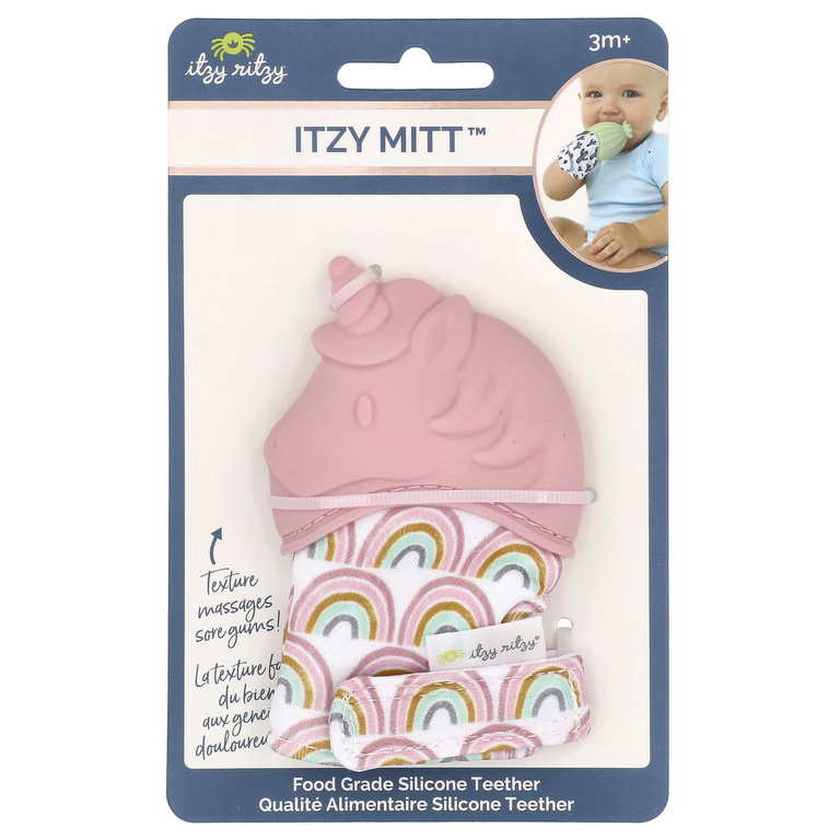 itzy ritzy, Itzy Mitt, пищевой силиконовый прорезыватель для зубов, от 3 месяцев, светло-розовый единорог, 1 прорезыватель
