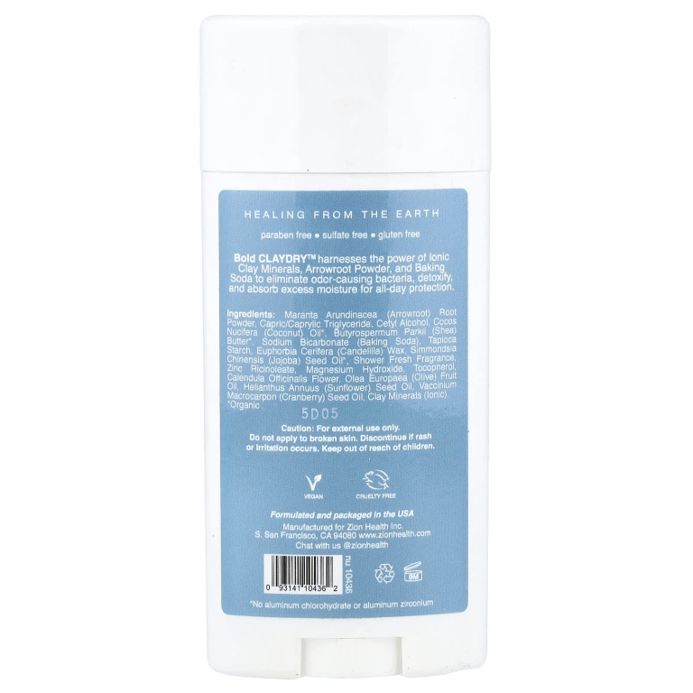 Zion Health, Bold, ClayDry Deodorant, Shower Fresh, 2,8 унции (80 г)