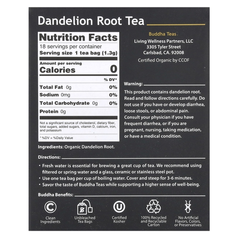 Buddha Teas, Organic Herbal Tea, корень одуванчика, без кофеина, 18 чайных пакетиков, 24 г (0,83 унции)