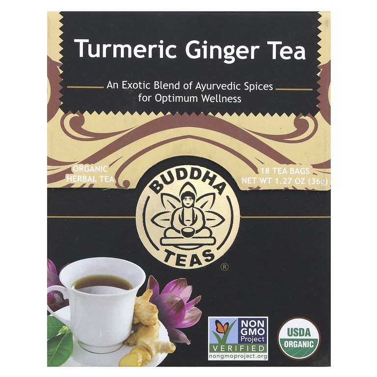 Buddha Teas, органический травяной чай, куркума и имбирь, 18 чайных пакетиков, 36 г (1,27 унции)