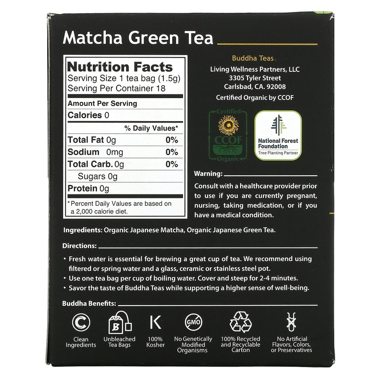 Buddha Teas, Organic Tea, зеленый матча, 18 чайных пакетиков, 27 г (0,96 унции)