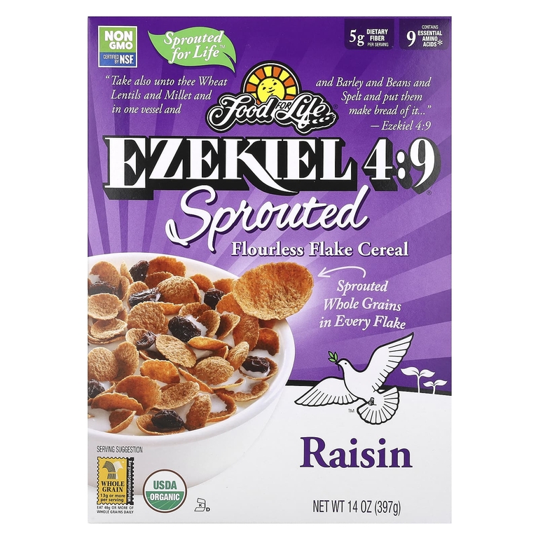 Food For Life, Ezekiel 4:9®, хлопья из пророщенных хлопьев без муки, с изюмом, 397 г (14 унций) (Товар снят с продажи) 