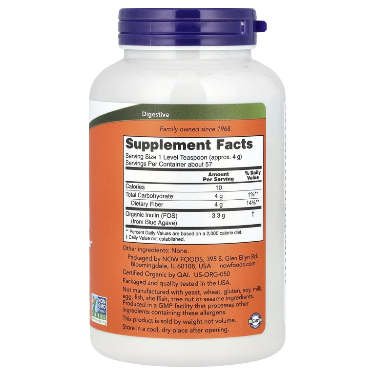 NOW Foods, сертифицированный органический инулин, пребиотик в чистом порошке, 227 г (8 унций)