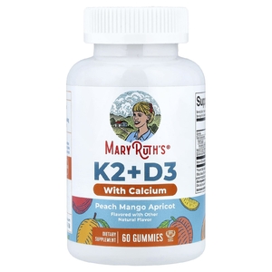 MaryRuth's, витамины K2 и D3 с кальцием в жевательных таблетках, со вкусом персика, манго и абрикоса, 60 жевательных таблеток