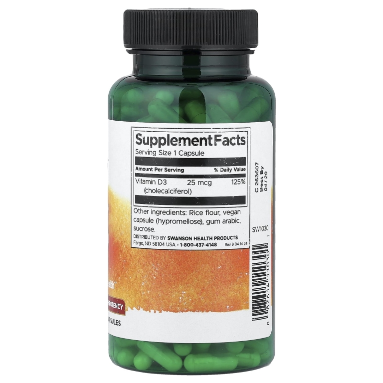 Swanson Vitamins, витамин D3, высокоактивный, 25 мкг (1000 МЕ), 250 капсул