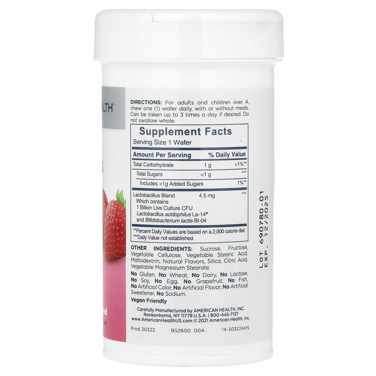 American Health, Chewable Acidophilus, натуральная клубника, 60 жевательных вафель