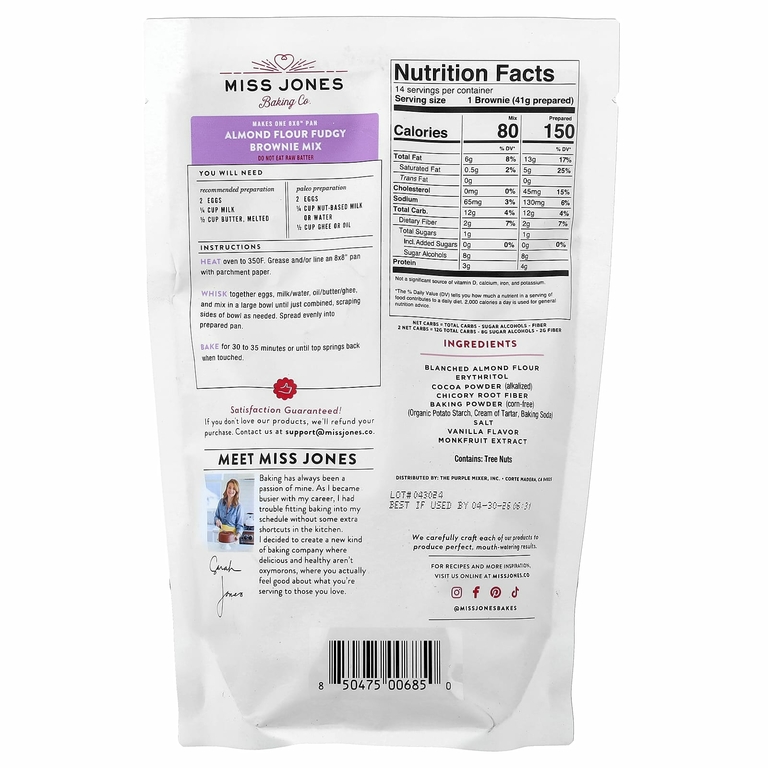 Miss Jones Baking Co, Смесь для выпечки Keto & Paleo Fudgy Brownie, 300 г (10,57 унции)