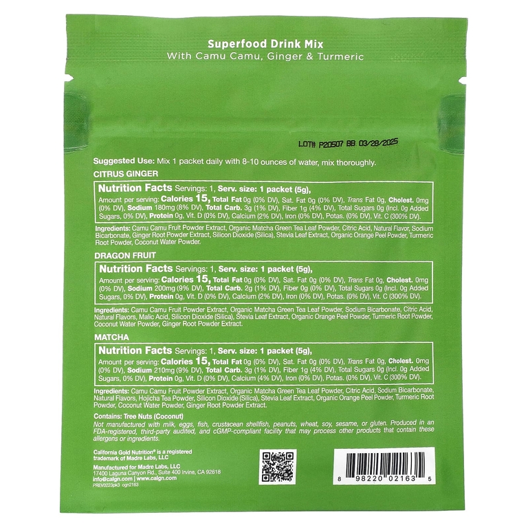 California Gold Nutrition, Matcha Road, матча с витамином C, упаковка пробников, 3 шт.