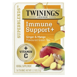 Twinings, Superblends ™, поддержка иммунитета и зеленый чай, имбирь и манго, 16 чайных пакетиков, 32 г (1,12 унции)