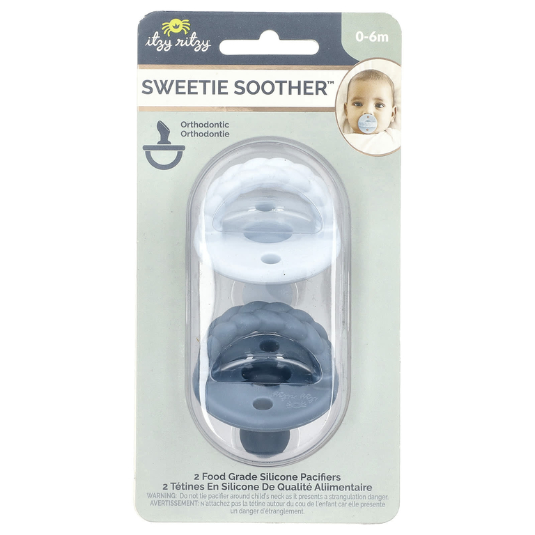 itzy ritzy, Sweetie Soother, пищевые силиконовые пустышки, для детей от 0 до 6 месяцев, косички Sky & Surf, 2 пустышки