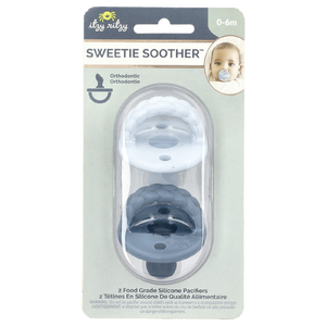 itzy ritzy, Sweetie Soother, пищевые силиконовые пустышки, для детей от 0 до 6 месяцев, косички Sky & Surf, 2 пустышки