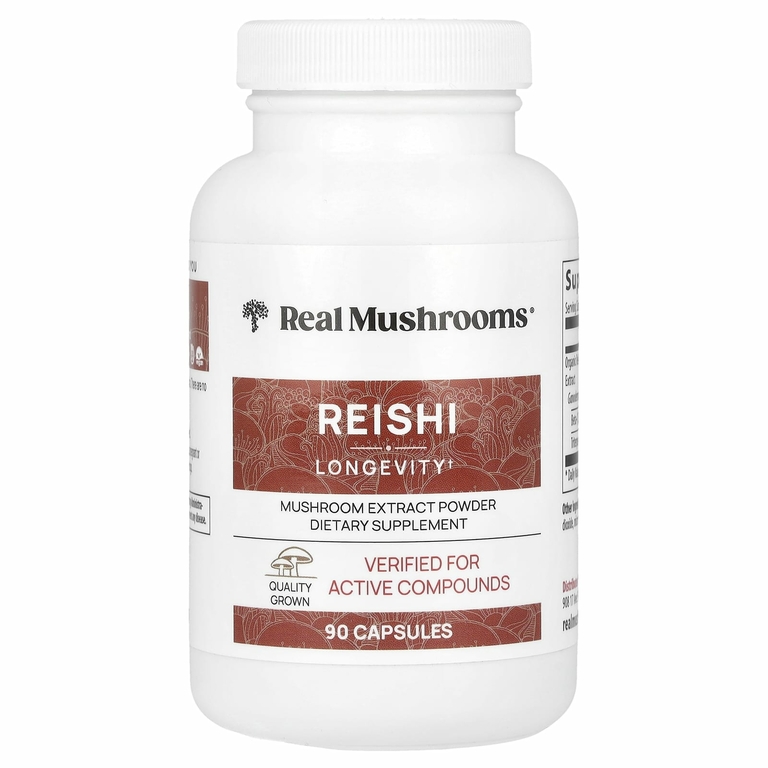 Real Mushrooms, рейши, экстракт грибов в порошке, 90 капсул