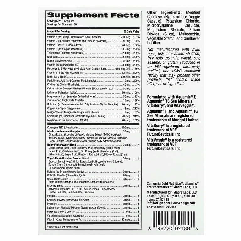California Gold Nutrition, Ultamins, мультивитаминный комплекс для мужчин с коэнзимом Q10, грибами, ферментами, овощами и ягодами, 60 растительных капсул