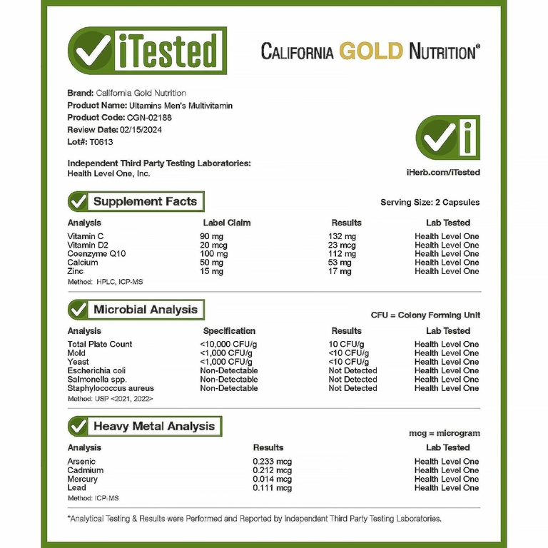 California Gold Nutrition, Ultamins, мультивитаминный комплекс для мужчин с коэнзимом Q10, грибами, ферментами, овощами и ягодами, 60 растительных капсул