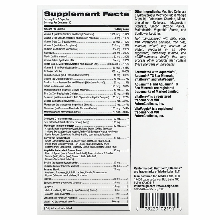 California Gold Nutrition, Ultamins, мультивитамины для мужчин старше 50 лет, с коэнзимом Q10, грибами, ферментами, овощами и ягодами, 60 растительных капсул