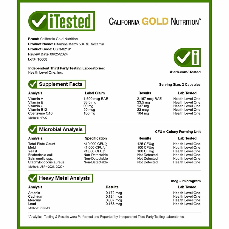 California Gold Nutrition, Ultamins, мультивитамины для мужчин старше 50 лет, с коэнзимом Q10, грибами, ферментами, овощами и ягодами, 60 растительных капсул