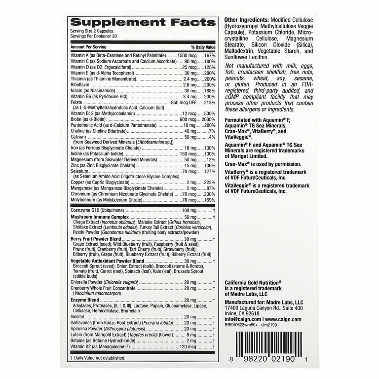 California Gold Nutrition, Ultamins, мультивитаминный комплекс для женщин старше 50 лет с коэнзимом Q10, грибами, ферментами, овощами и ягодами, 60 растительных капсул