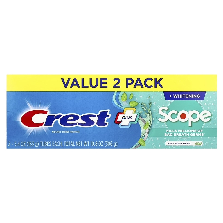 Crest, Plus Scope, зубная паста с фторидом против кариеса, свежая мята, 2 шт. в упаковке, по 153 г (5,4 унции)
