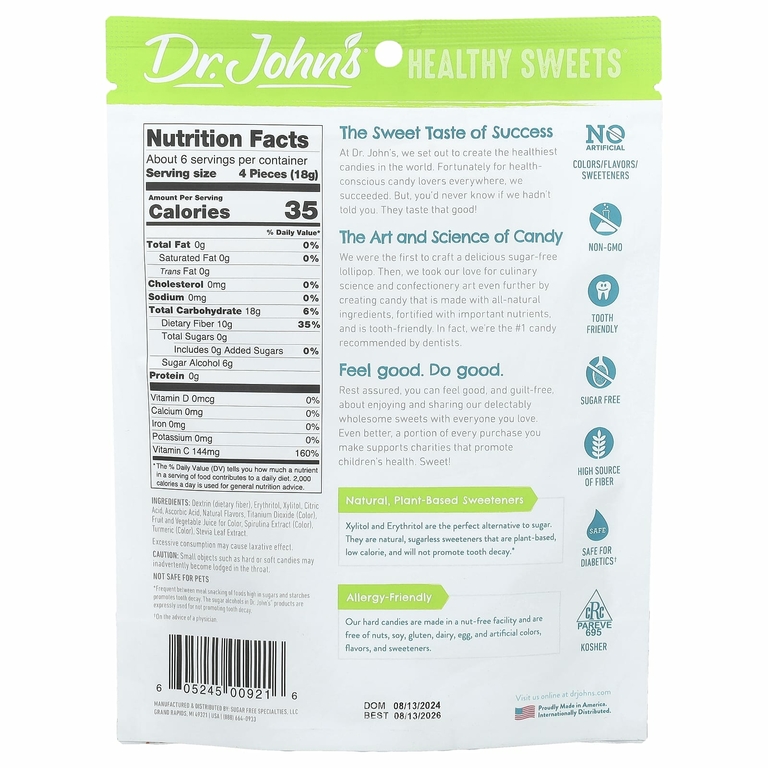 Dr. John's Healthy Sweets, Creamsicle Swirl, карамель, + клетчатка и витамин C, без сахара, 109 г (3,85 унции)