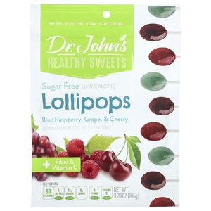 Dr. John's Healthy Sweets, Леденцы на палочке, + клетчатка и витамин C, голубая малина, виноград и вишня, без сахара, 105 г (3,7 унции)