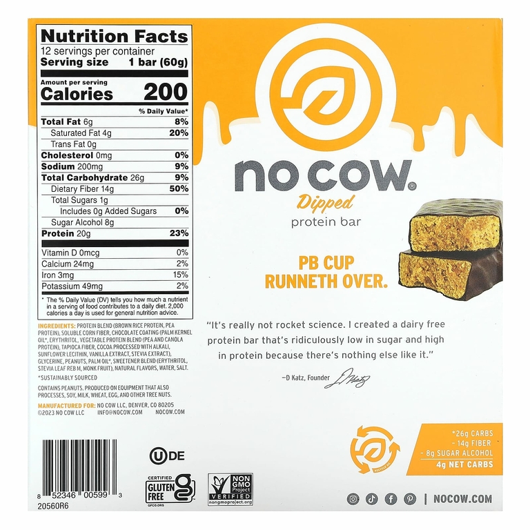 No Cow, протеиновый батончик в глазури, со вкусом шоколада и арахисовой пасты, 12 шт. по 60 г (2,12 унции)