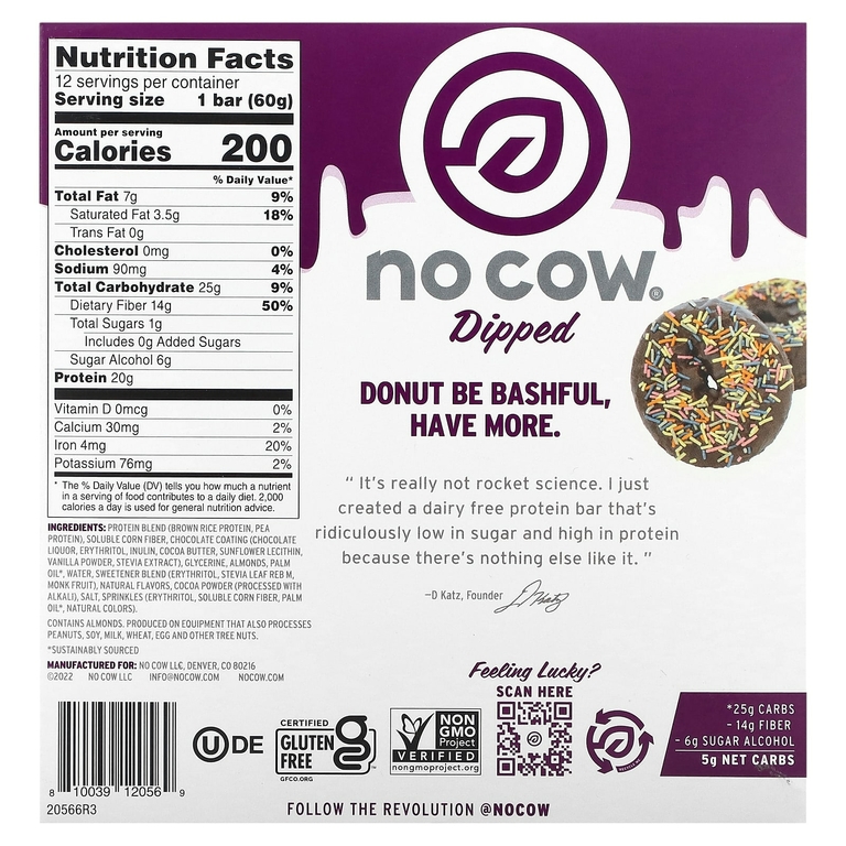 No Cow, протеиновый батончик, со вкусом пончика в шоколаде с посыпкой, 12 шт. по 60 г (2,12 унции)