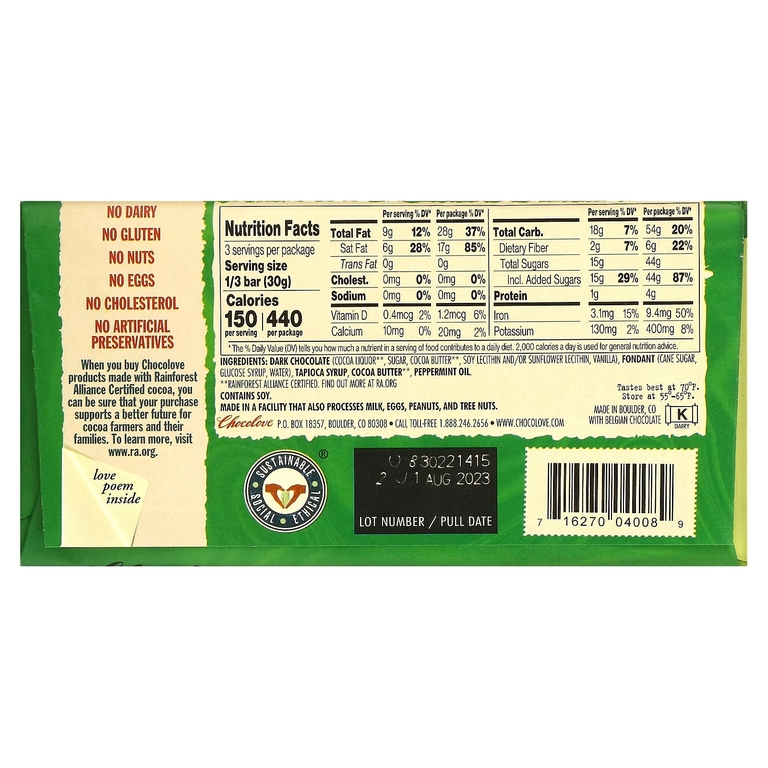 Chocolove, темный шоколад с кремовой мятной начинкой, 55% какао, 90 г (3,2 унции)