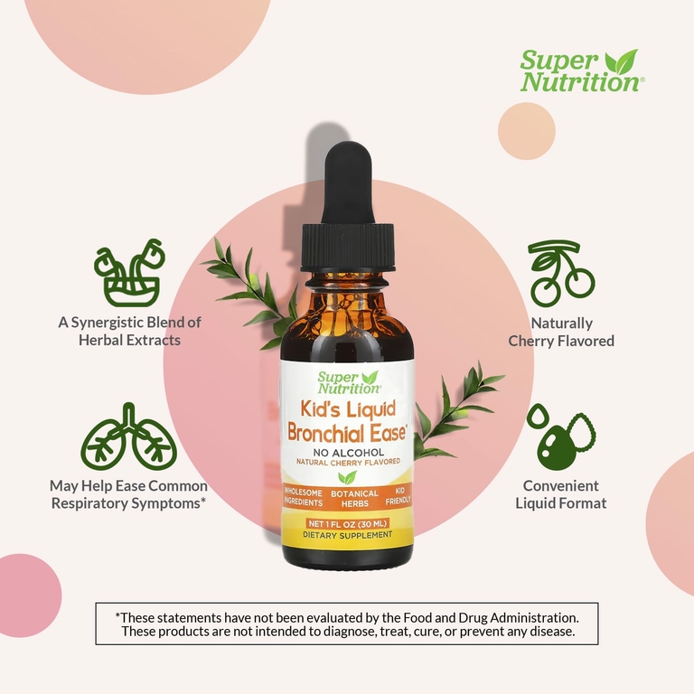 Super Nutrition, Kid's Liquid Bronchial Ease, без спирта, вишня, 30 мл (1 жидк. унция)