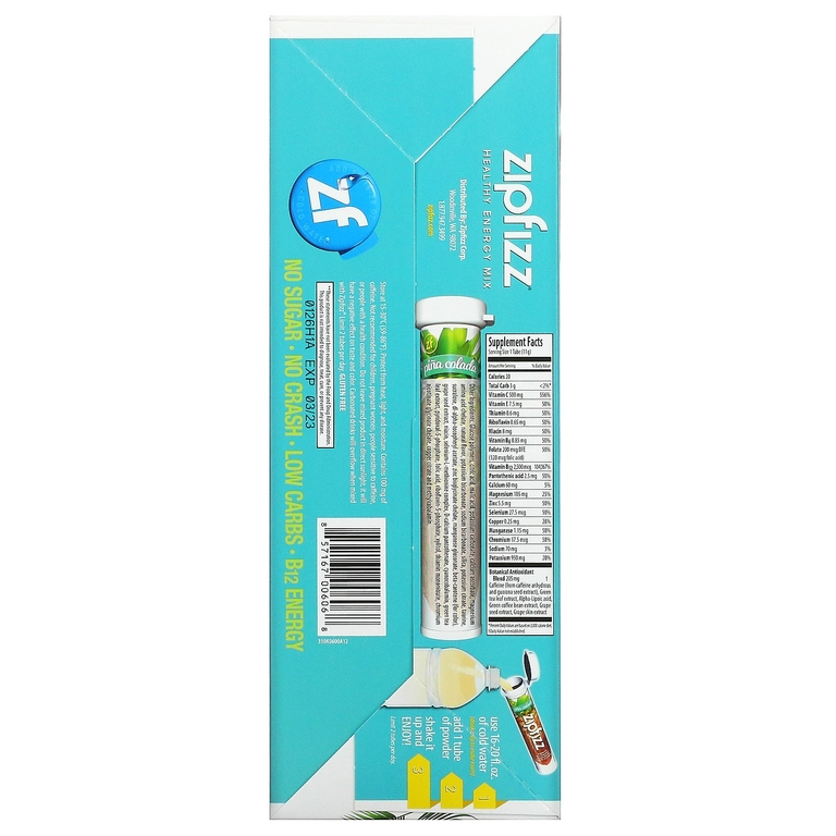 Zipfizz, Healthy Energy, энергетическая добавка с витамином B12, со вкусом пина колады, 20 тюбиков по 11 г (0,39 унции)