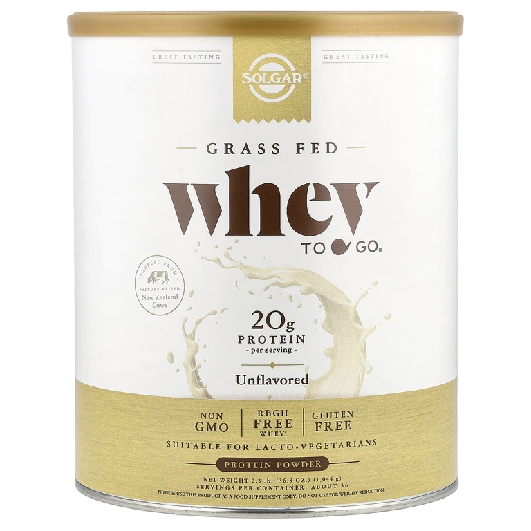 Solgar, Grass Fed, протеиновый порошок Whey To Go®, без добавок, 2,3 фунта (1044 г)