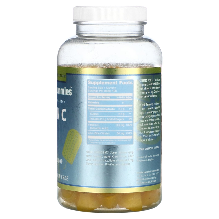 Amazing Nutrition, Amazing Gummies, витамин C и цинк, со вкусом лимонного мороженого, 120 жевательных таблеток