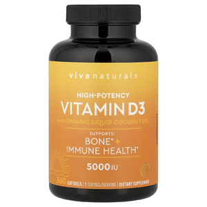 Viva Naturals, витамин D3 с органическим жидким кокосовым маслом, 125 мкг (5000 МЕ), 360 капсул