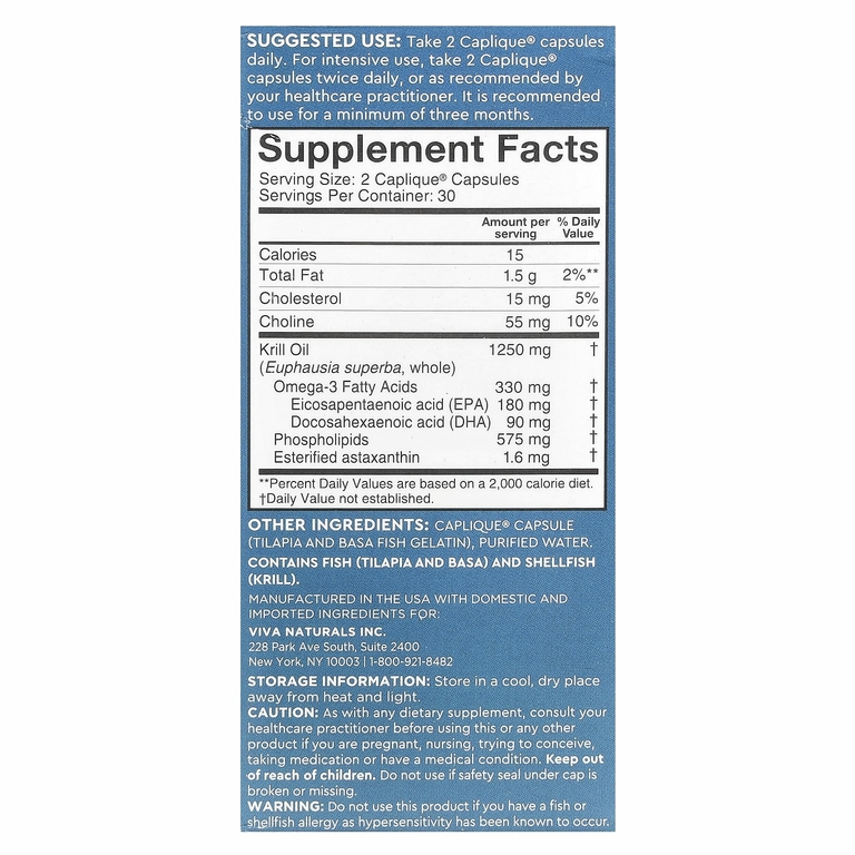 Viva Naturals, масло антарктического криля с астаксантином, 60 капсул Caplique