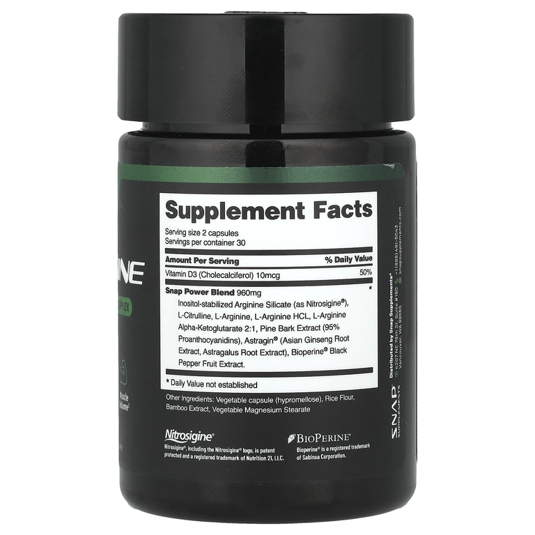 Snap Supplements, L-аргинин, без кофеина, 60 капсул