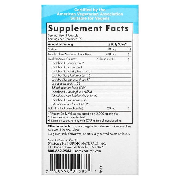 Nordic Naturals, Nordic Flora Probiotic, Maximum Care, 90 млрд КОЕ, 30 капсул