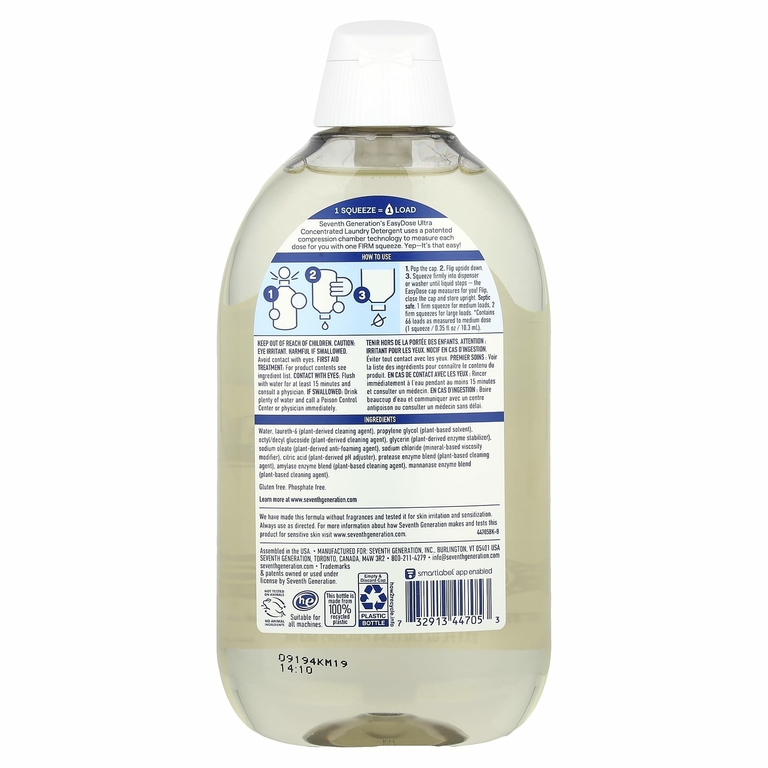 Seventh Generation, Easydose, ультраконцентрированное средство для стирки, бесцветное и прозрачное средство, 66 загрузок, 683 мл (23,1 жидк. унц.)