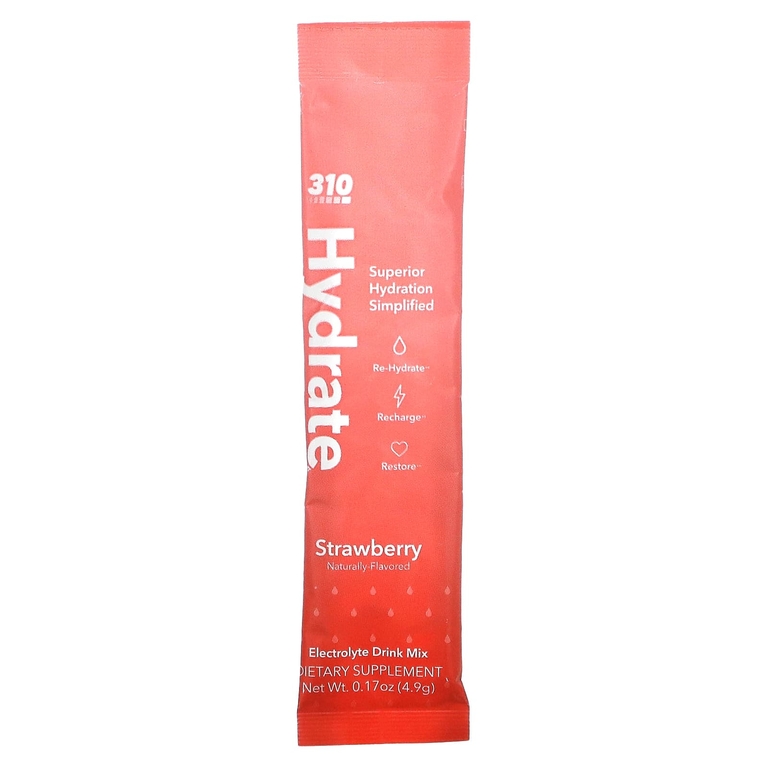 310 Nutrition, Hydrate, смесь для приготовления электролитов, клубника, 30 стиков по 4,9 г (0,17 унции)